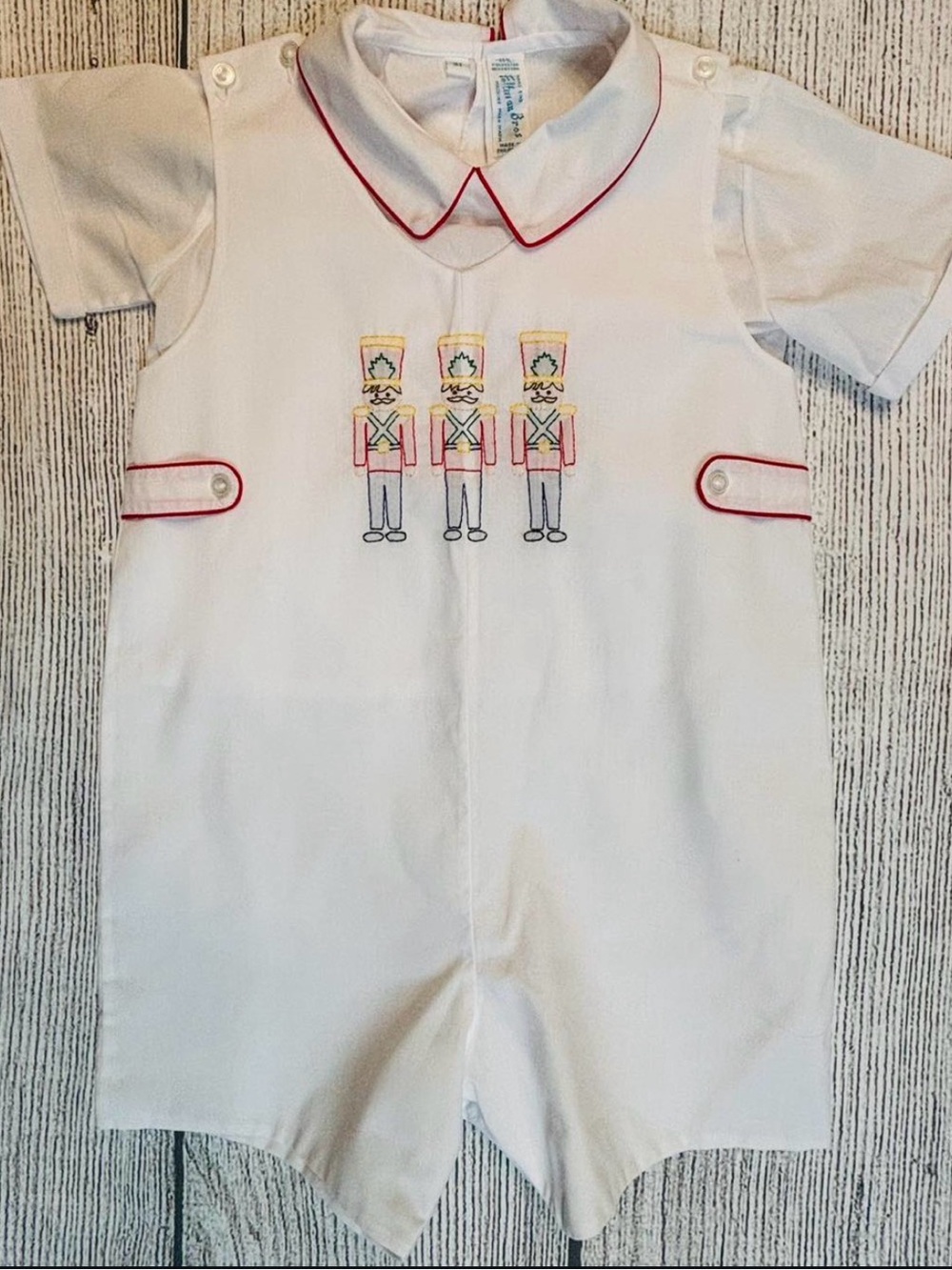 White Short-Sleeve Boys Romper with Toy Soldier Embroidery